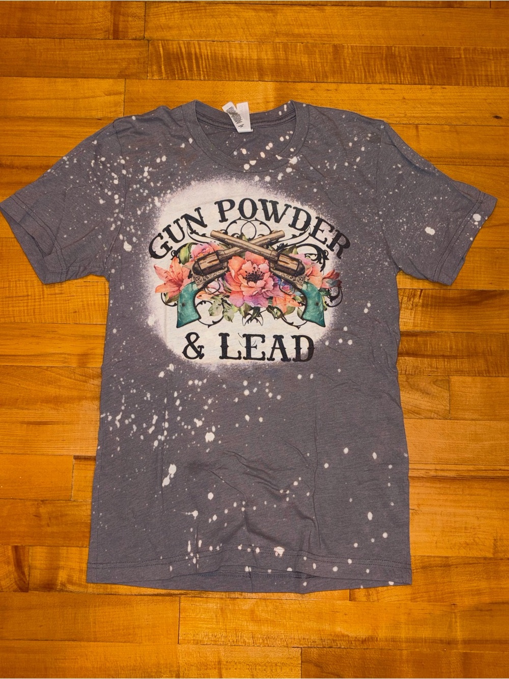Bella Canvas Gray Bleached Graphic Tee with Floral Pistols